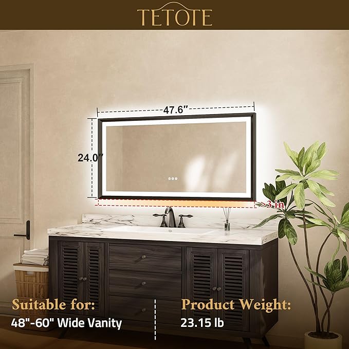 TETOTE 48x24 LED Bathroom Mirror with Lights Gold Frame Frontlit & Backlit Lighted Vanity Mirror Baroque Anti Fog Dimmable White/Warm/Natural,CRI90+,Waterproof,Wall Mounted(Horizontal/Vertical)