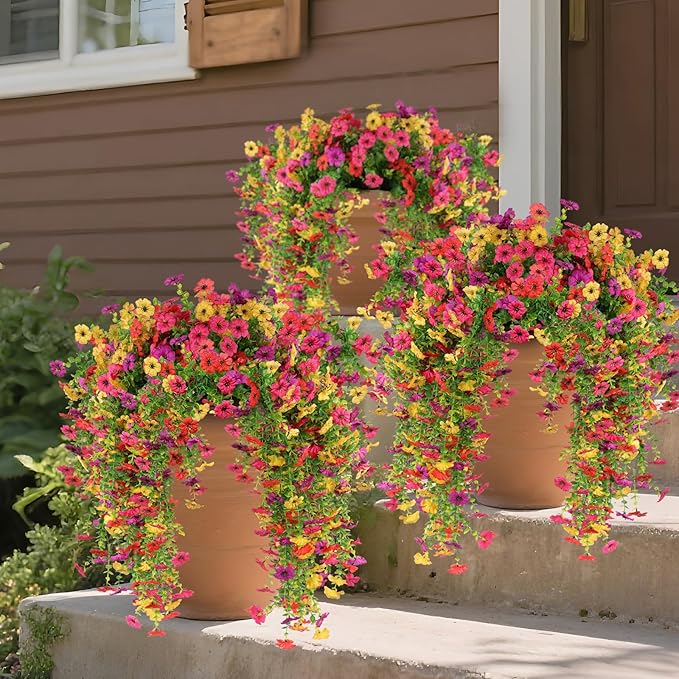 12 Pcs Artificial Hanging Mums Flowers Outdoor, Fake Hanging Spring Plants for Outdoor Planter Patio Front Door Window Box Decoration (12, Red, Purple, Rose Red, Yellow)