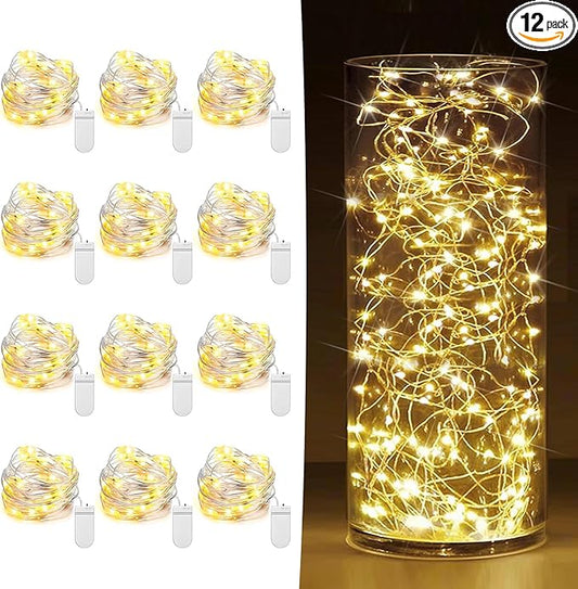 12 Pack Fairy Lights Battery Operated 7ft 20 LED Mini String Lights Twinkle Lights Silver Wire Firefly Starry Lights for Mason Jars Wedding Party Christmas Centerpiece Table Decorations, Warm White