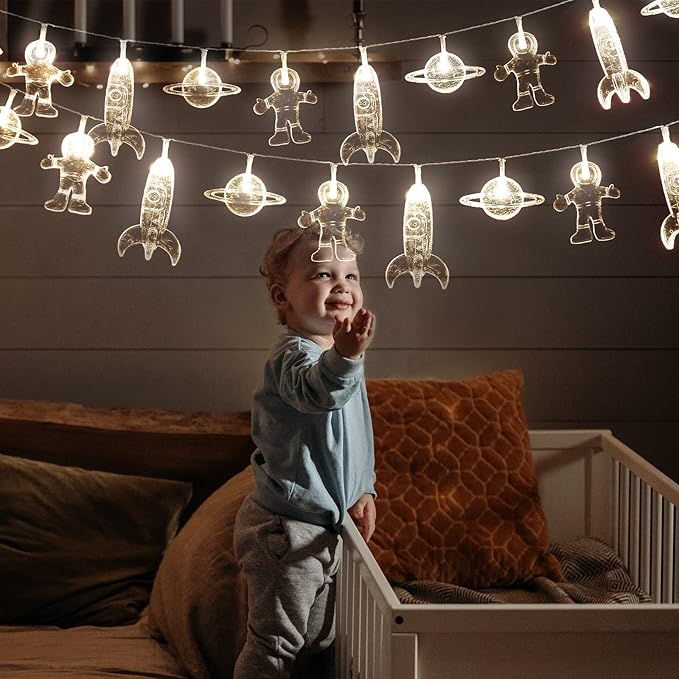 AceList 20 LED Children's Room LED String Lights Astronaut Spaceship Rocket UFO Pendants Light String Holiday Party Lights Wall Window Tree Decorative Lights(Light Warm White)