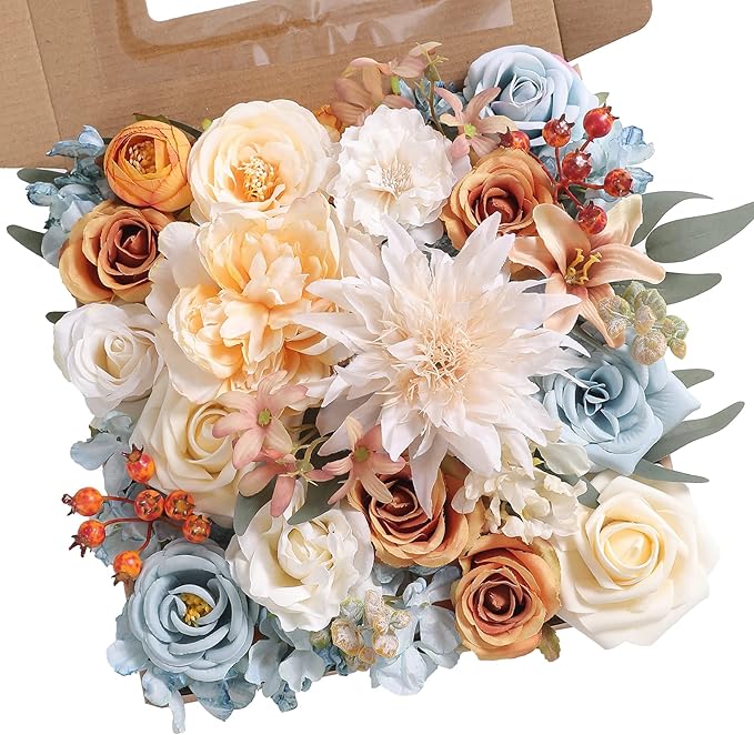 Artificial Flowers Combo Fake Silk Flowers Fall Bouquets for DIY Wedding Bouquets Centerpieces Party Baby Shower Home Decorations (Blue White)