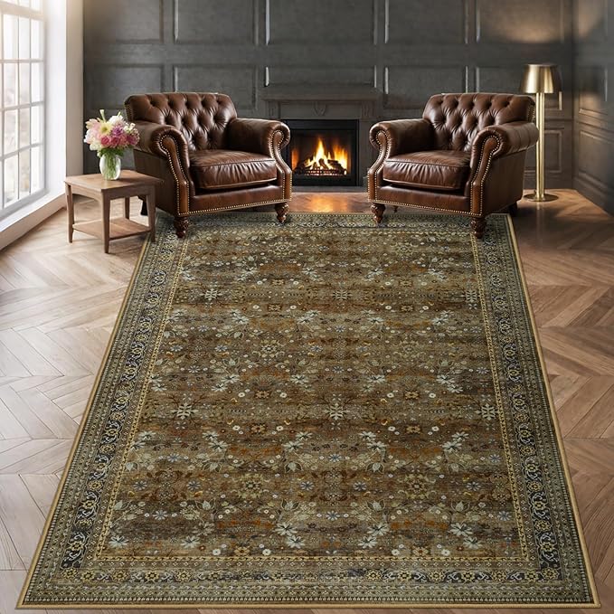 Large 8x10 Washable Area Rug for Living Room, No Shedding Vintage Floral Print Rugs Non Slip, Indoor Foldable Thin Retro Accent Carpet for Bedroom Farmhouse Dining Room Brown/Yellow