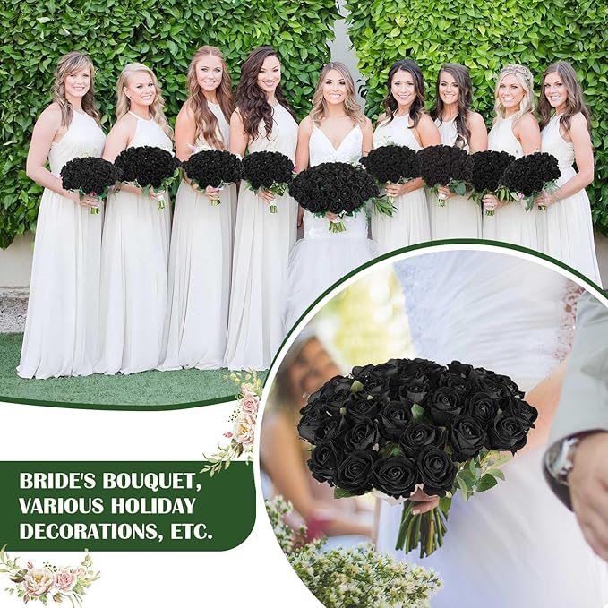 60 Pcs Artificial Roses Bulk Velvet Silk Black Roses Roses for Wedding Centerpieces Bridal Bouquet Mohter's Day Valentine's Day Halloween Home Decor(60, Black)