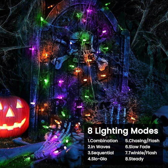 Orange & Purple & Green Halloween Lights, 2 Pack 33ft 100 LED Halloween Decoration Lights Waterproof 8 Modes Battery Operated String Light for Outdoor & Indoor,Tree, Wreaths, Holiday, Party Decor