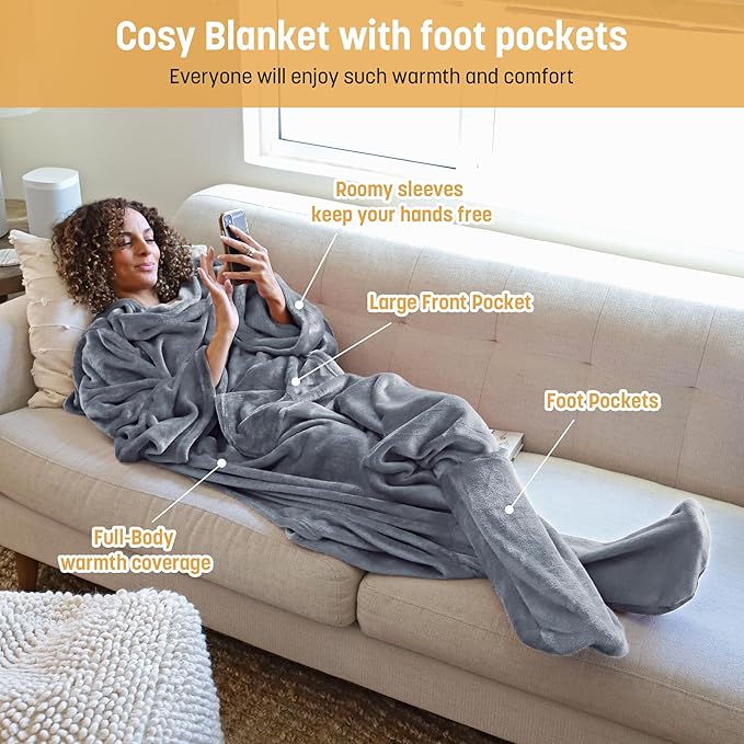 Catalonia Wearable Fleece Blanket with Sleeves and Foot Pockets for Adult Women Men, Micro Plush Comfy Wrap Sleeved Throw Blanket Robe Large, Grey