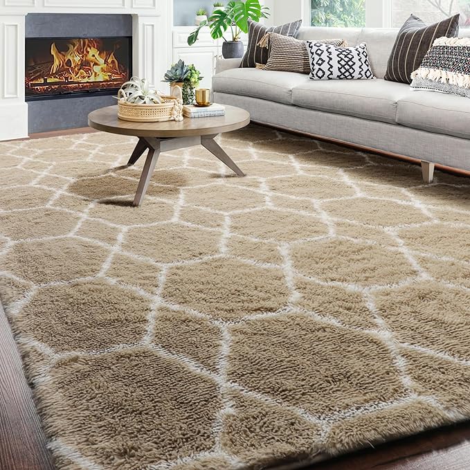 ONASAR 8x10 Area Rugs for Living Room, Fluffy Beige and White Bedroom Rug, Washable Geometric Boho Large Soft Plush Shaggy Fuzzy Floor Carpet for Nursery Kids Classroom Playroom Dorm Home Decor