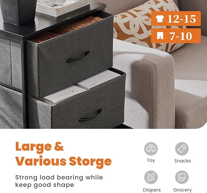 DUMOS Dresser for Bedroom 4 Drawers, Tall Fabric Closet Chests Organizer Tower Furniture with Wooden Top Metal Frame for Nursery, Living Room, Closet, Grey