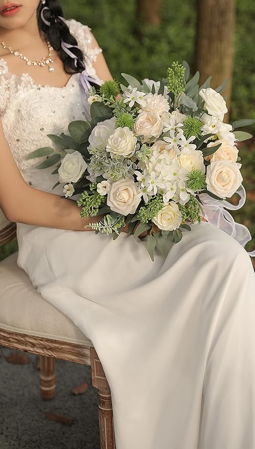 Artificial Flowers Combo Silk Mix Fake Flowers Leaf for DIY Wedding Bouquets Centerpieces Arrangements Party Baby Shower Home Decorations(Milk White)