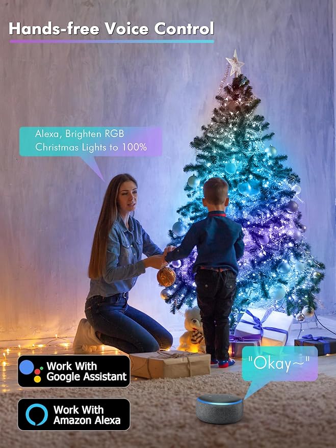 BrizLabs Smart Fairy String Lights, 66ft 200 LED WiFi RGB Christmas Fairy Lights App Control, Dimmable Rainbow Christmas Lighting, Music Sync Xmas Decorative Lighting Work with Alexa & Google Home