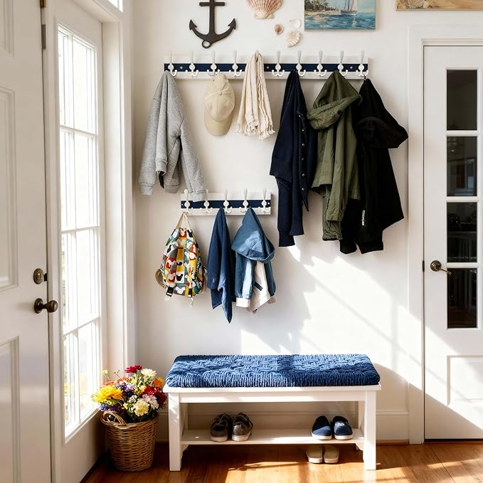 SKOLOO Coastal Wall Mounted Coat Rack - 17" Beach House Entryway Wooden Coat Hook with 5 Hooks for Hanging Coats, Hats or Towels, Oceanfront Cottage Core Collection, White & Blue, Pack of 2