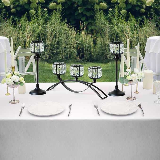 Black Set of 3 Crystal Candle Holders Arched - Elegant Tabletop Candelabra Centerpiece for Weddings, Dining Room Decor, Modern Home & Cabinet Display Housewarming