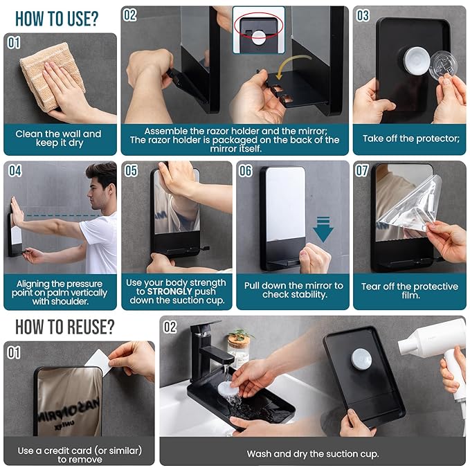 TAILI Shower Mirror Fogless Suction, Shaving Mirror with Razor Holder, Fog Free with Storage Tray, Rust-Proof, Shatterproof, Removable, Bathroom & Shower Accessories, Black
