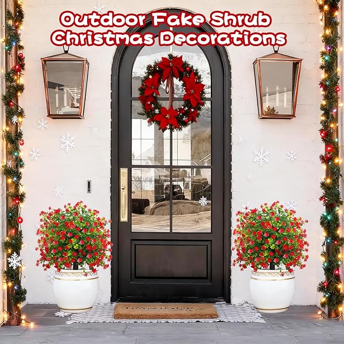 Set of 2 Artificial Topiary Boxwood Rose Ball Christmas Trees with Ground Spike,23" UV Resistant Outdoor Xmas Decor Faux Greenery Shrubs with Flowers, Fake Plants Bush for Garden, Yard, Porch