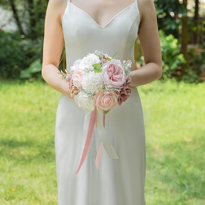 ponatia Dusty RoseWedding Bouquets for Bride Bridesmaid, Blush Pink Wedding Artificial Roses Flowers for Wedding Bouquets Ceremony, Anniversary (Dusty Rose & Blush)