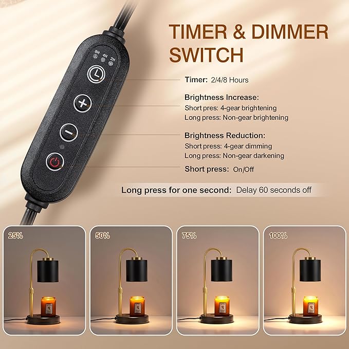 CASTLELIFE Candle Warmer Lamp with Timer & Dimmer, Height Adjustable Electric Wax Melt Warmer for Jar Candles, Gifts for Mom Home Decor, Black Gold