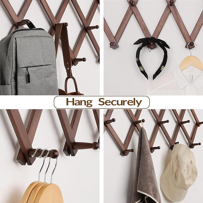 Hat Rack for Wall, Expandable Wall Hat Holder with 16 Hooks, 16 inch Wooden Wall Hook for Baseball Caps,Cowboy, Bag,Hoodie(Brown)