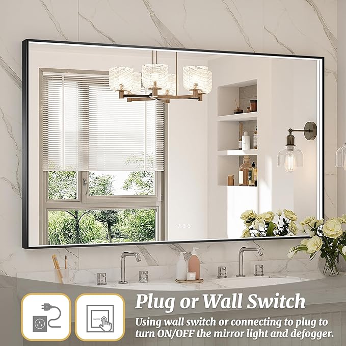 60x36 Inch LED Bathroom Mirror, Black Metal Framed Lighted Mirror for Bathroom, Wall Mouted LED Vanity Mirror with Lights, 3 Colors and Stepless Dimmable, Anti-Fog, Memory