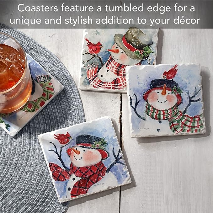 Thirstystone Watercolor Snowman 4 Pack Assorted Tumbled Tile Stone Coasters with Protective Cork Backing 4" Square Manufactured in The USA