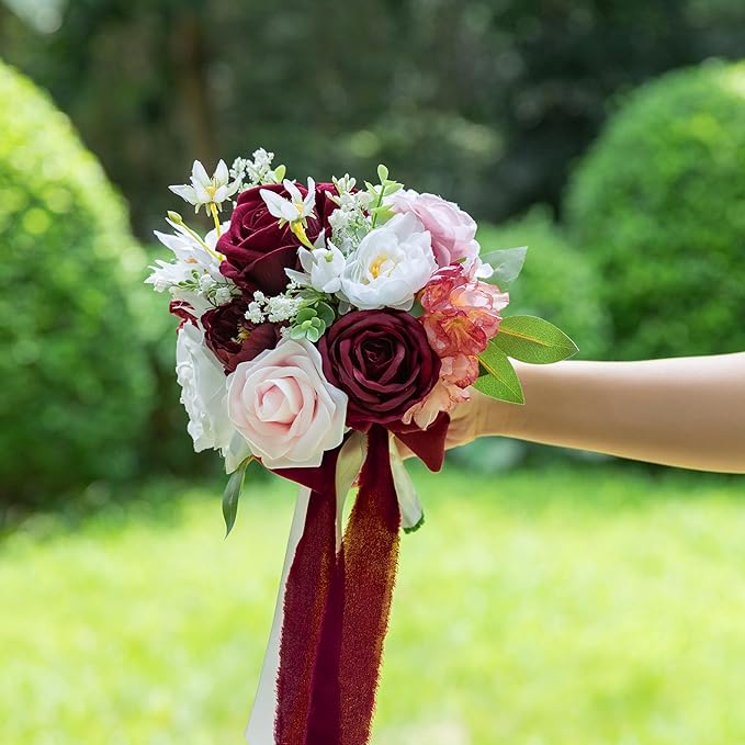 ponatia Burgundy Wedding Bouquets for Bride Bridesmaid, Blush Artificial Prom Flowers Bouquet for Weddings, Ceremony, Anniversary (Burgundy & Blush)