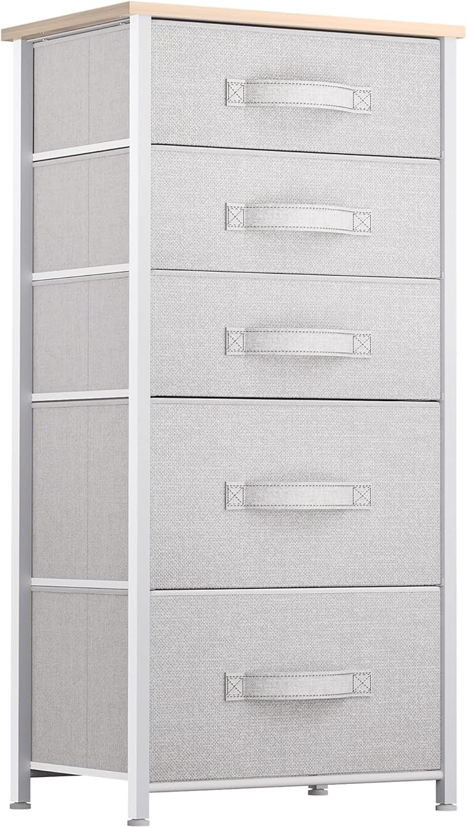 YITAHOME Tall 5 Drawer Dresser - Fabric Storage Tower, Organizer Unit for Bedroom, Living Room, Hallway, Closets - Sturdy Steel Frame, Wooden Top & Easy Pull Fabric Bins - Light Grey