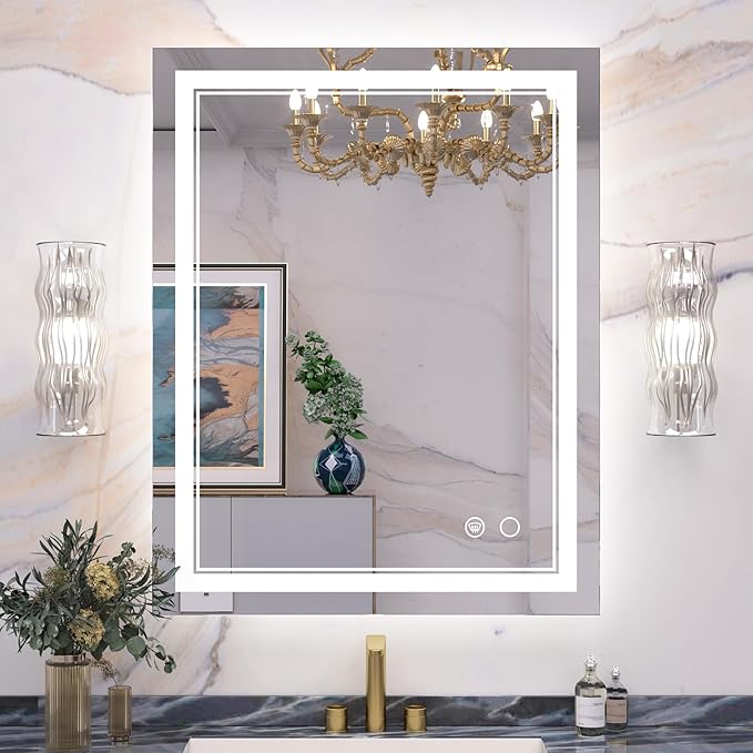 Keonjinn LED Mirror for Bathoom 24 x 30 Inch, Bathroom Mirror with Front Lights, Shatter-Proof Tempered Glass, UL-Listed LED Driver, Anti-Fog, Dimmale 6000K, Easy Installation(Horizontal/Vertical)