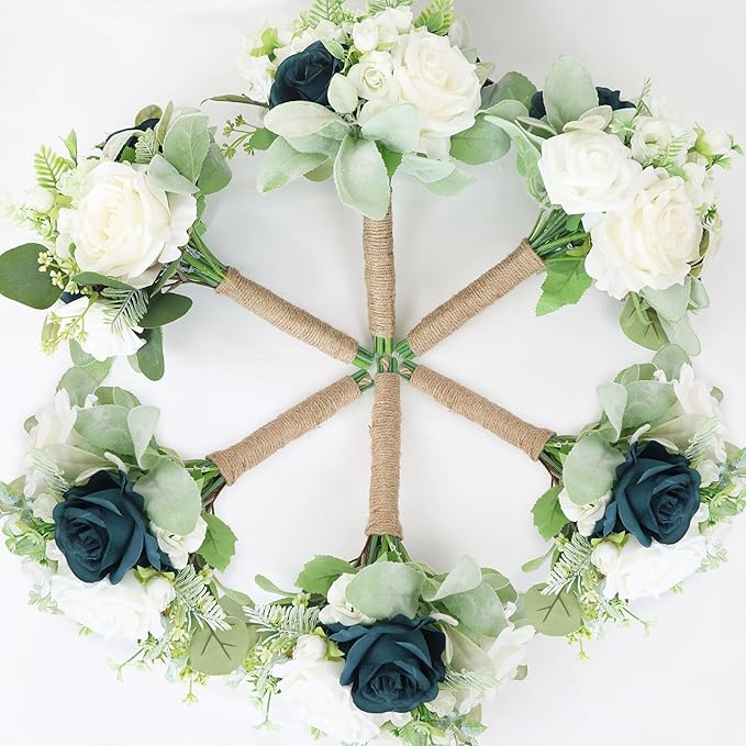 Wedding Bridesmaid Bouquet Set of 4 - Artificial Flowers Bouquets for Bridesmaids Pre-Made 7 Inch Faux Small Floral Bouquets Bridal Shower, Wedding, Ceremony, Anniversary - White Teal Blue