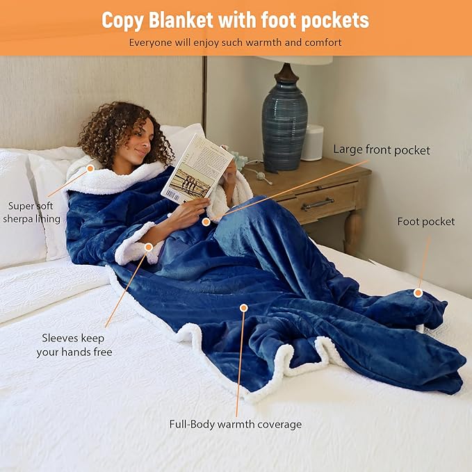 Catalonia Sherpa Wearable Blanket with Sleeves & Foot Pockets for Adult Women Men, Comfy Snuggly Wrap Sleeved Throw Blanket Robe, Gift Idea, Blue