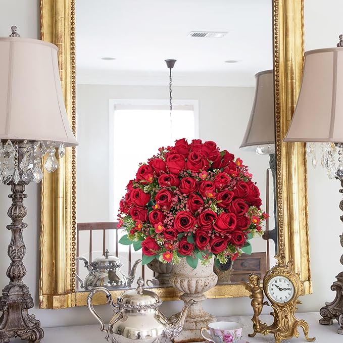 10 Bunches Red Roses Artificial Flowers, Flores Rojas Silk Flower Arrangement for Decoration Outdoor Wedding Party Indoor Home Bedroom Kitchen Office