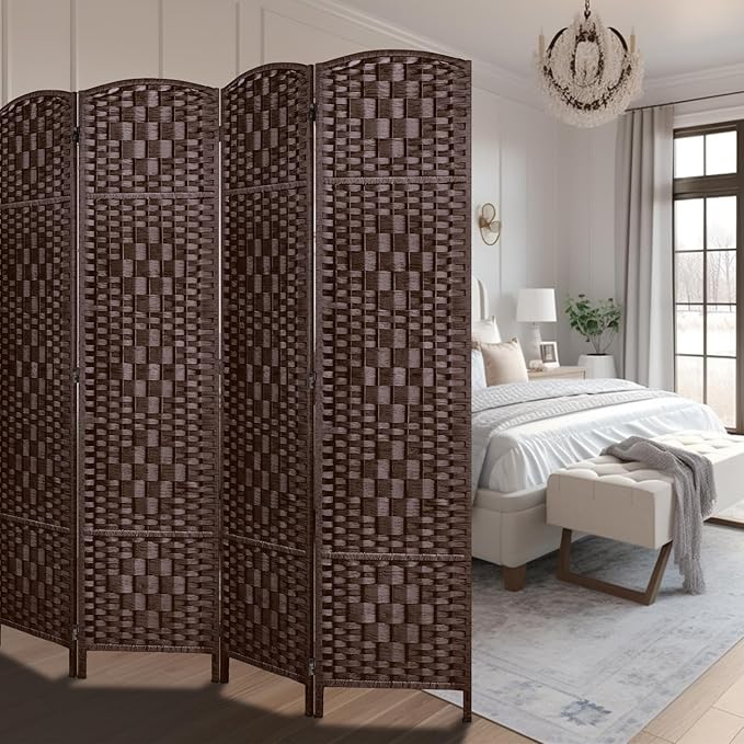 Rose Home Fashion Room Divider, 6 ft Tall Room Dividers and Folding Privacy Screens, 16in Privacy Screen 4 Panel Brown Space Temporary Wall Foldable Partition Separation