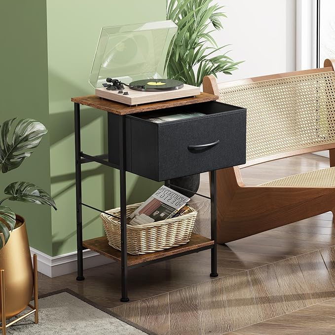 WLIVE Nightstand, End Table with Fabric Storage Drawer and Open Wood Shelf, Bedside Furniture with Steel Frame, Side Table for Bedroom, Dorm, Easy Assembly, Black and Rustic Brown, 25.0" Height