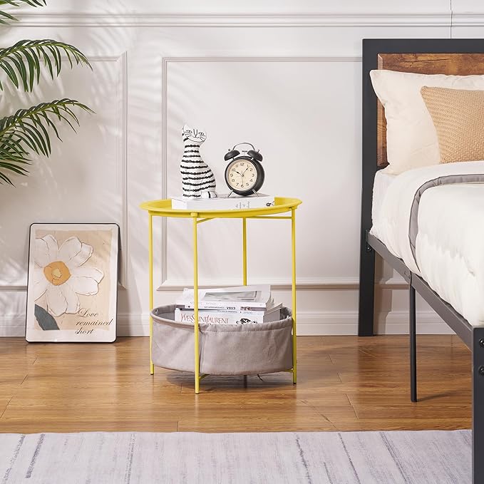 VECELO Round Side/End Table with Fabric Storage Basket，Metal Anti-Rust and Waterproof Small Bedside Nightstand with Removable Tray Top for Living Room，Balcony & Laundry，Yellow /1pcs with Basket