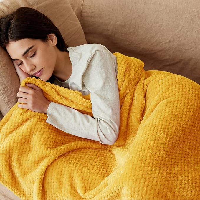 Exclusivo Mezcla Fleece Bed Blanket Queen Size, Super Soft and Warm Blankets for Couch, Sofa and Bed Waffle Textured, Cozy, Fuzzy and Lightweight (Mustard Yellow, 90x90 Inches)