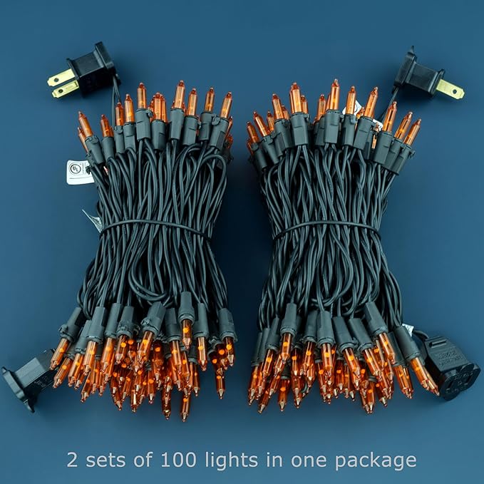 YULETIME Orange String Lights with Black Wire, 66 ft 200 Count UL Certified Christmas Light, Pack of 2 Sets 33 ft 100 Light Set for Halloween Fall Holidays (Orange)
