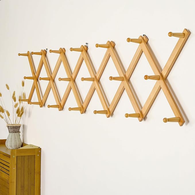 SKOLOO Hat Rack for Wall with 20 Hooks, Solid Wooden, Modern, Expandable Coat Rack Wall Mount for Coats, Hats, Bags, Baseball Caps, Natural Color