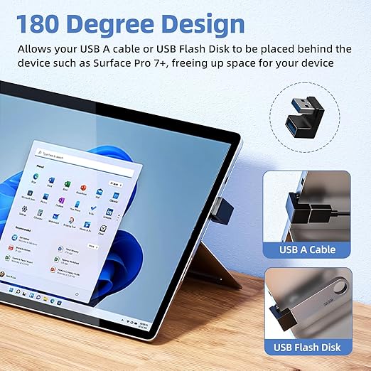 6 Pack 180 Degree & 90 Degree USB 3.1 Adapter, Left and Right Angle USB A Male to Female Extender Connector for PC, Laptop, USB A Car Charger, Surface Pro 7+, Raspberry Pi and More