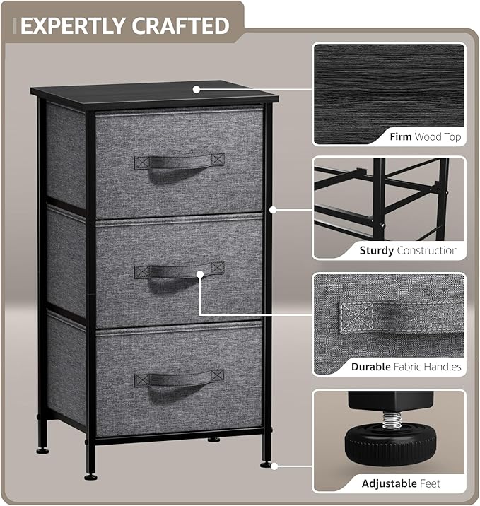 Sorbus Nightstand with 3 Drawers - Bedside Furniture & Night Stand End Table Dresser with Steel Frame, Wood Top, Easy Pull Fabric Bins for Home, Bedroom Accessories, Office & Dorm