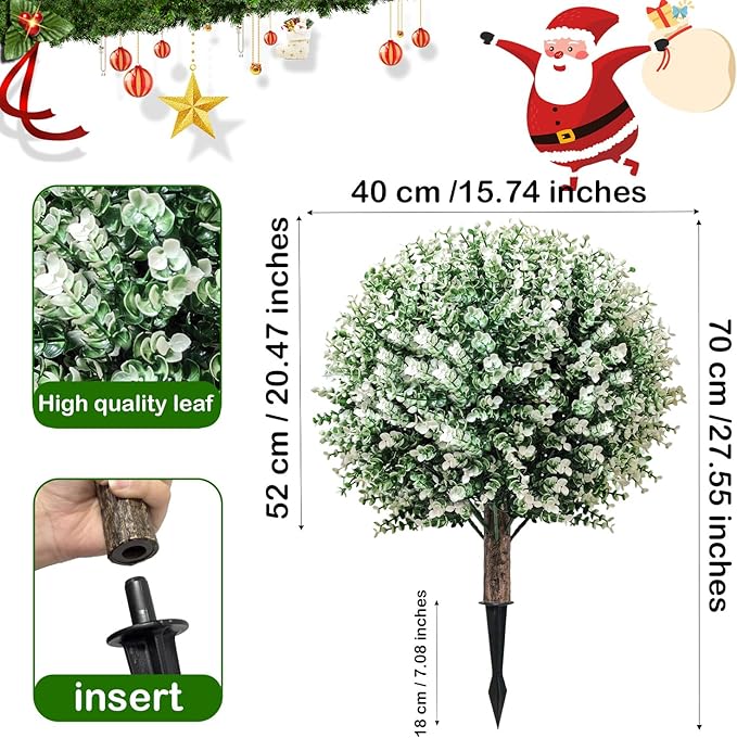 2 Pack White Artificial Christmas Tree, 24'' Outdoor Xmas Ball Tree,Fake Boxwood Topiaries with Spike,Faux Plants for Planters Urn Filler, Porch Potted Entrance Driveway Decor