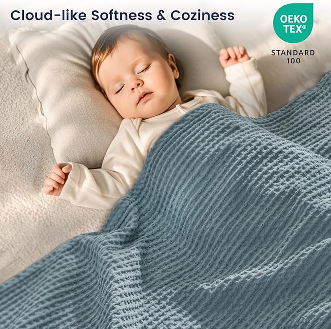 PHF 100% Cotton Waffle Weave Throw Blanket，Pre-Washed Snag Proof Lightweight Breathable Moisture-Wicking for Layering in Cold Weather for Couch Bed,Machine Washable,Home Decor Gift-Ocean
