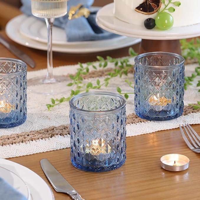 12Pcs Large Votive Candle Holders 2.8 * 3.2in Blue Tea Light Candle Holders Glass Candle Holder for Wedding, Bridal Shower, Table Centerpiece, Party, Home Decor