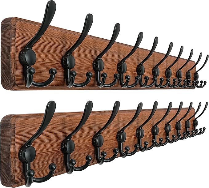 Dseap Coat Rack Wall - Heavy-Duty 38-1/4" Long, with Reinforced 10 Custom Tri-Hooks, Solid Wood Wall Hanger for Coats Hat Jackets - Rustic Farmhouse Entryway Storage, Natural & Black, Pack of 2