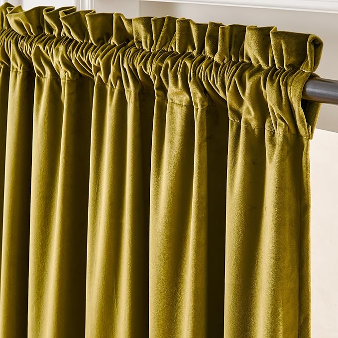 Lazzzy Velvet Blackout Curtains Thermal Insulated Room Window Drapes Super Soft Luxury Curtains for Living Room Bedroom Rod Pocket 2 Panels, Golden Olive, 52" W x 108" L