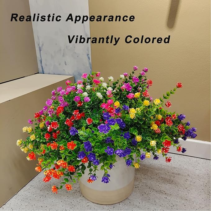 21 Bundles Outdoor Faux Plants UV Resistant Faux Bushes Plastic Artificial Flowers Fake Outdoor Plants for Home Garden Decor (7 Colors)