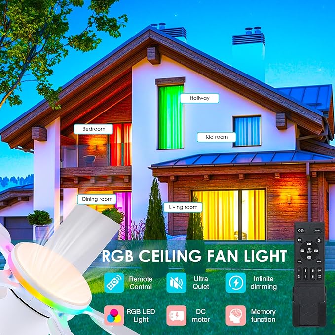 Ceiling Fans with Lights- 52" RGB Low Profile Indoor Ceiling Fan with Light and Remote/APP Control, Flush Mount, LED Dimmable DC Reversible Modern Ceiling Fan for Bedroom（White）