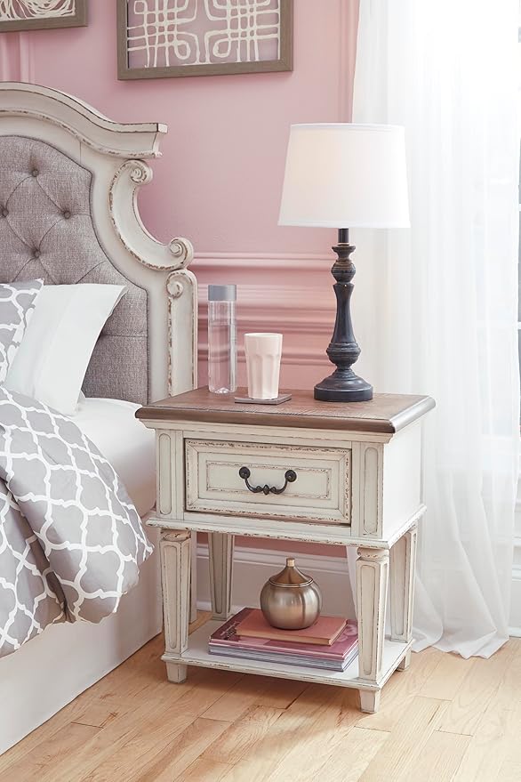 Signature Design by Ashley Realyn Traditional Cottage 1 Drawer Nightstand with Dovetail Construction & Open Display Shelf, Chipped White, 27" Tall, Distressed Brown