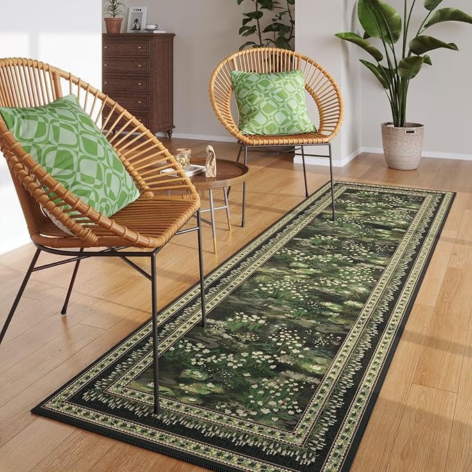 2x6 Runner Rug Impressionist-Style Vintage Kitchen Rugs Non Slip Washable Soft Carpet Runner for Kitchen Laundry Bedroom Bathroom, Green