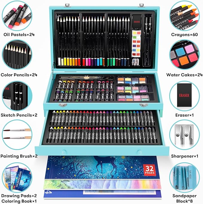 iBayam Art Supplies, 150-Pack Deluxe Wooden Art Set Crafts Drawing Painting Kit with 1 Coloring Book, 2 Sketch Pads, Creative Gift Box for Adults Artist Beginners Kids Girls Boys