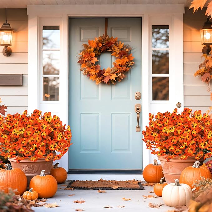 Ouddy Decor 15 Bundles Fake Mums Artificial Fall Flowers for Decorations, Fall Faux Pansy Flowers UV Resistant Fake Plants for Garden Porch Patio Farmhouse Autumn Harvest Thanksgiving Decor, Orange