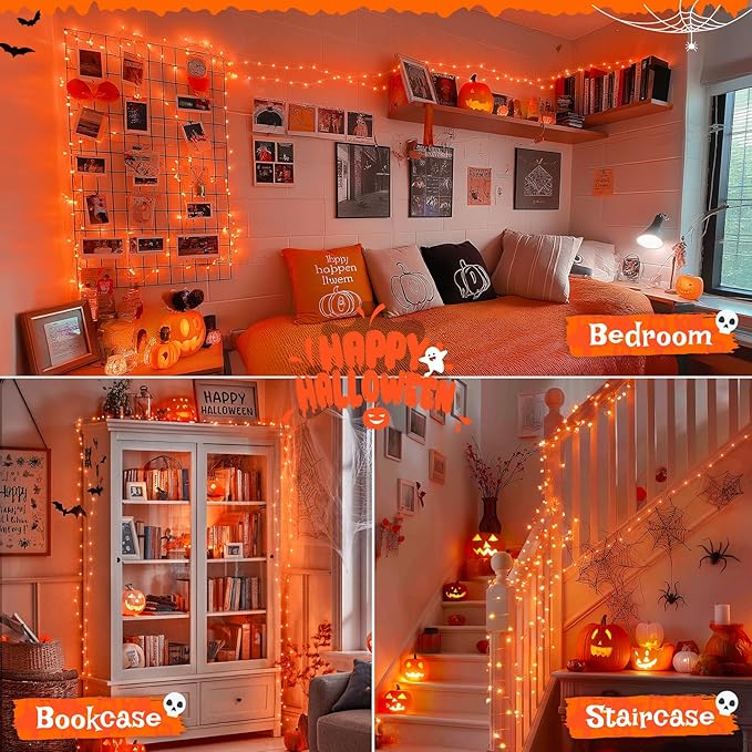 JMEXSUSS 2 Pack Halloween Fairy Lights Battery Operated, Total 400 LED 132ft Orange Twinkle Fairy Light with Remote, 8 Modes Orange String Lights for Halloween Tree Bedroom Wreath Decoration