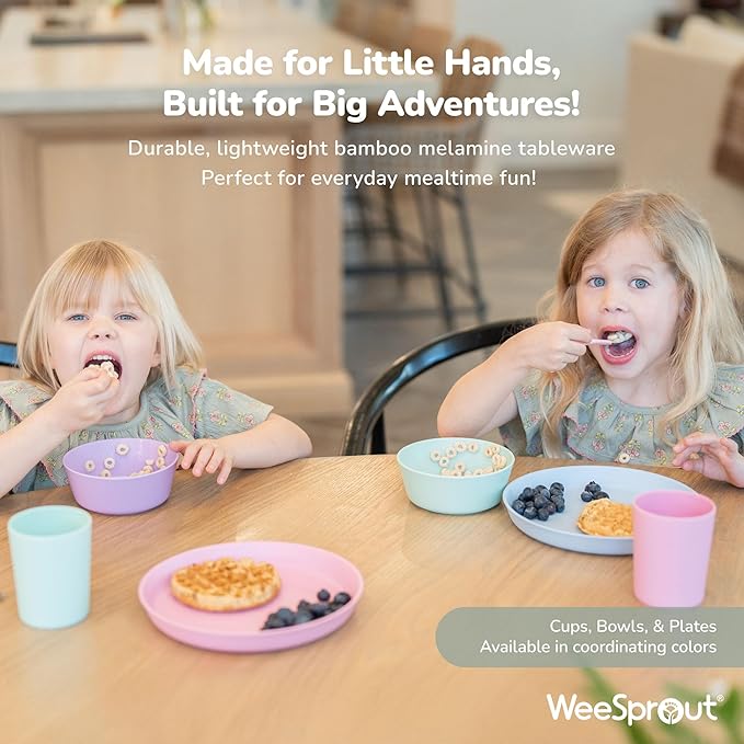 WeeSprout Bamboo Kids Bowls, Set of Four 10 oz Kid-Sized Bamboo Bowls, Dishwasher Safe Kid Bowls (Pastel Coral, Blue, Mint & Off White)