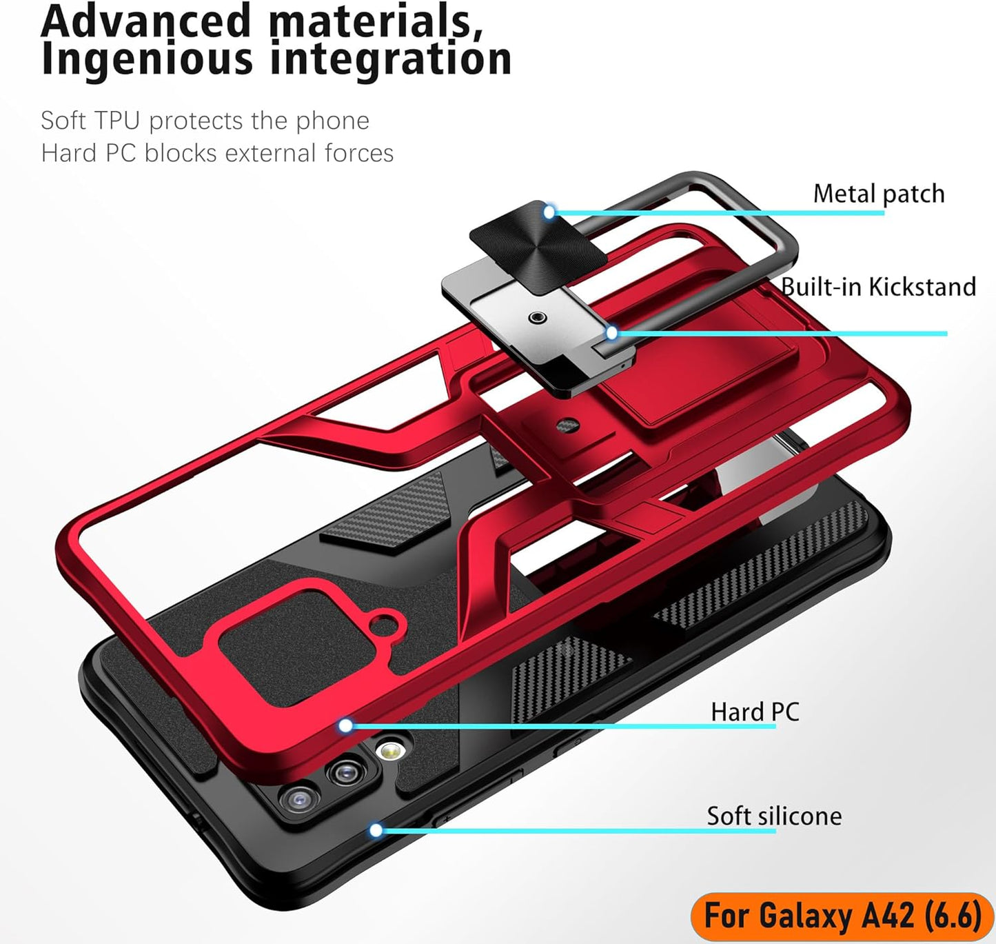 LMDAMZ Heavy Duty Shockproof Kickstand Case for Samsung Galaxy A42 5G, Double Protection (TPU+PC) 6.6 Inch - Red